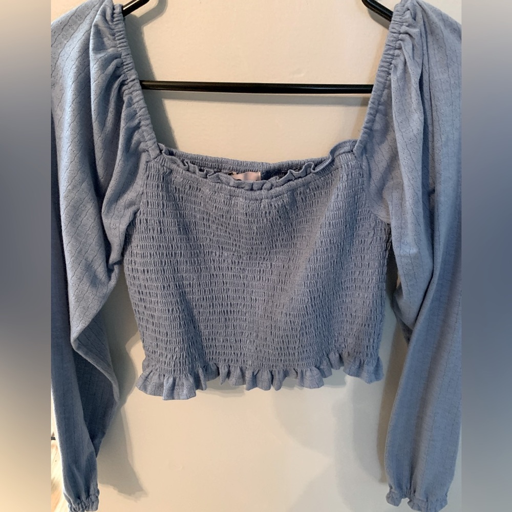 Denim crop balloon sleeve top (S) EUC